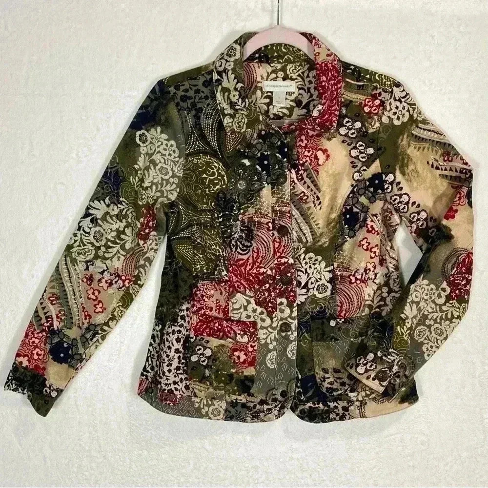 Christopher and Banks Jacket Womens‎ Size Small Green Red Buttons Pockets Blazer